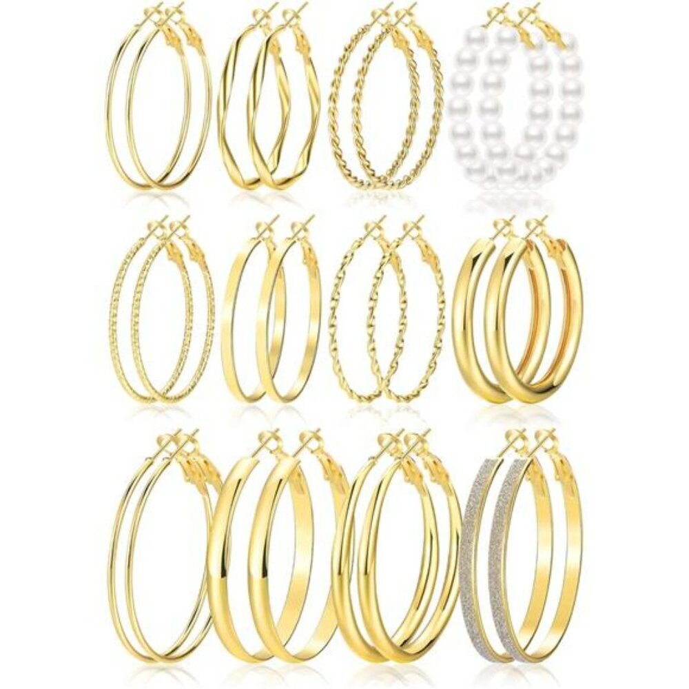 Gold Hoop Earrings Set for Women 12 Pairs Large 40mm 50mm Hypoallergenic